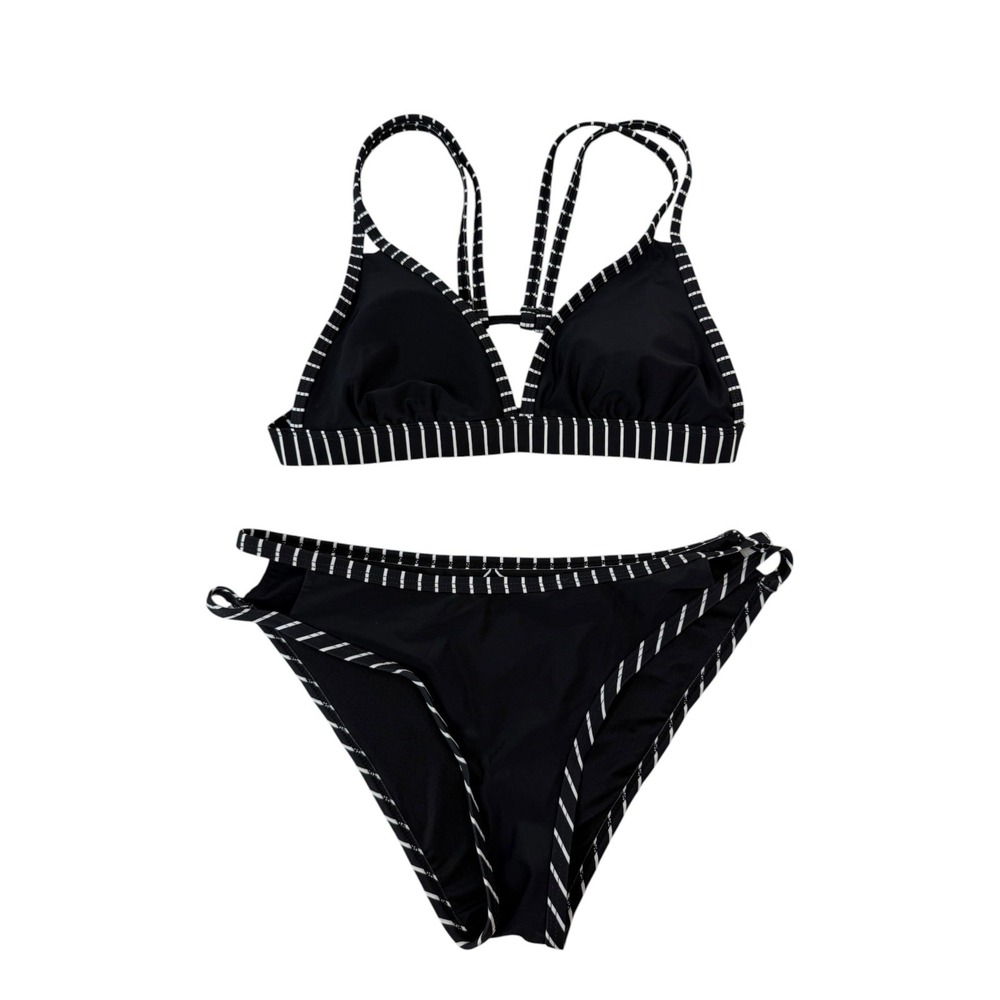 Cupshe NWT Black White Stripe V-Neck Double Strap Bikini Hip Cutout Set Small S - Picture 3 of 13